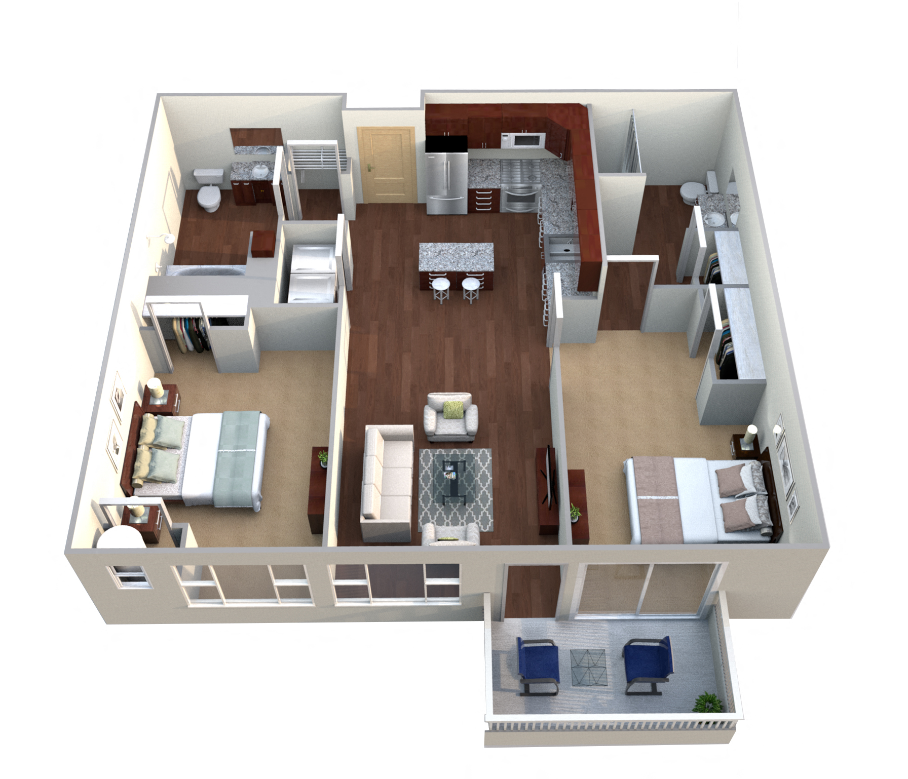Floor plan for 2 beds, 2 baths, 1115 sqft